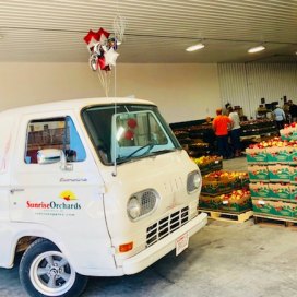 Orville, Sunrise Orchards' parade truck, at Grand Opening of NEW retail addition, 2018