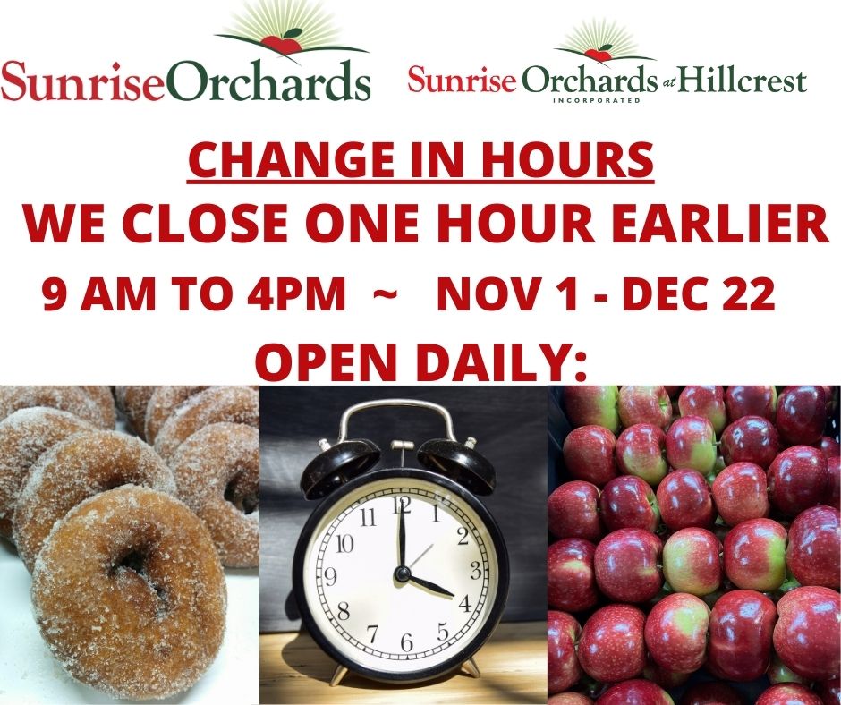 Hours Change: Close One Hour Earlier Starting Nov. 1st