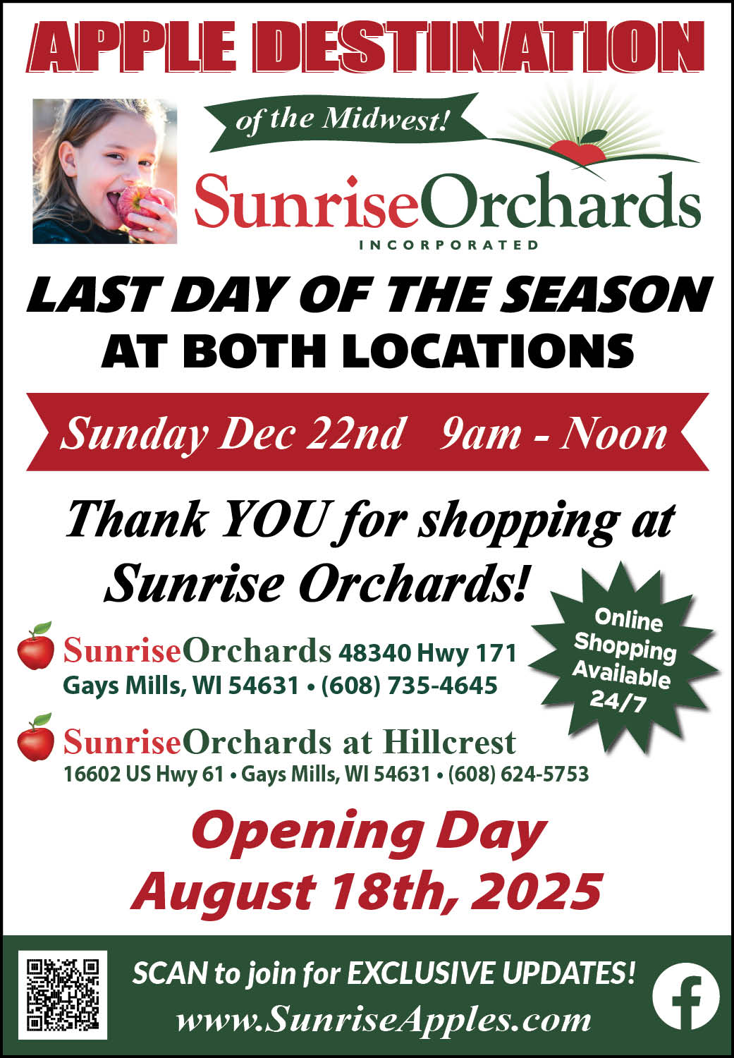 Last Day of Season Sunday December 22nd (9am-Noon)