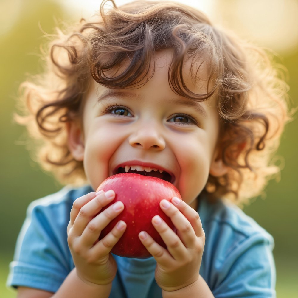 Happy boy eating apples